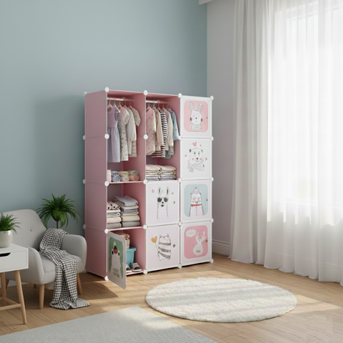 KRISHYAM® Kids Modular Wardrobe with Cartoon Animal Prints – 8/12 Cube Storage Organizer Cabinet with Doors | DIY Portable Space Saving Cupboard for Bedroom & Nursery (8/12 Box Bear Print)