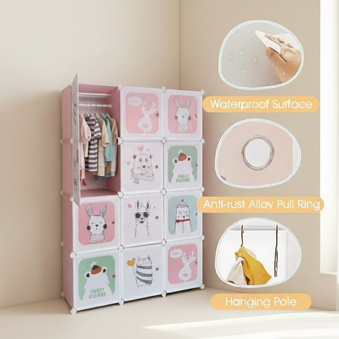 KRISHYAM® Kids Modular Wardrobe with Cartoon Animal Prints – 8/12 Cube Storage Organizer Cabinet with Doors | DIY Portable Space Saving Cupboard for Bedroom & Nursery (8/12 Box Bear Print)