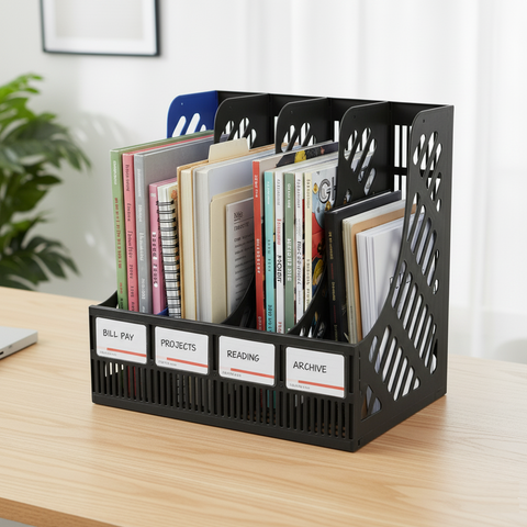 KRISHYAM ® 4 Slot Plastic Magazine File Holder Rack | Desktop Document Organizer | A4 File Storage Stand | Multi-Compartment Office Desk Organizer for Books, Folders & Papers (FILE ORGANISER (BLACK, Blue)