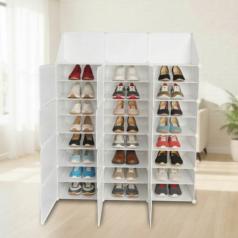 KRISHYAM® 12 Cube Modular Shoe Rack Cabinet with Doors & Side Hooks, Large Stackable Plastic Shoe Storage Organizer for Entryway, Bedroom & Closet, Space Saving (12 Door 24 Step (Black & White and simple White))