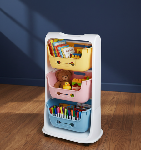 KRISHYAM® 3-Tier Kids Toy Storage Organizer Rack with Wheels | Dual-Tone Plastic Toy Shelf with Removable Bins for Toys, Books & Stationery (3-Tier Kids Basket (Glossy Finish)