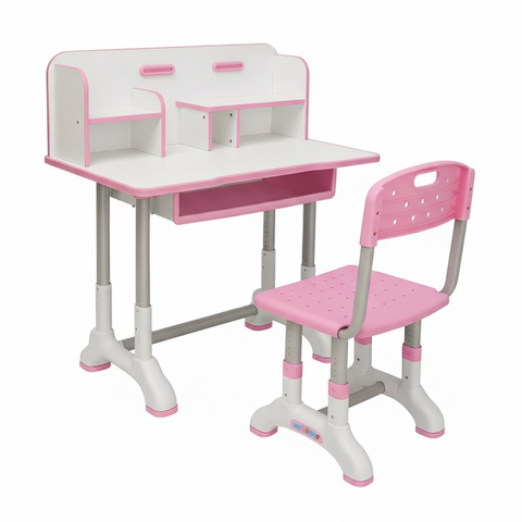 KRISHYAM® Kids Adjustable Study Table & Chair Set with Storage Drawer & Bookshelf | Height Adjustable Student Study Desk for Boys & Girls | Ergonomic Design (Pink & White (C23))