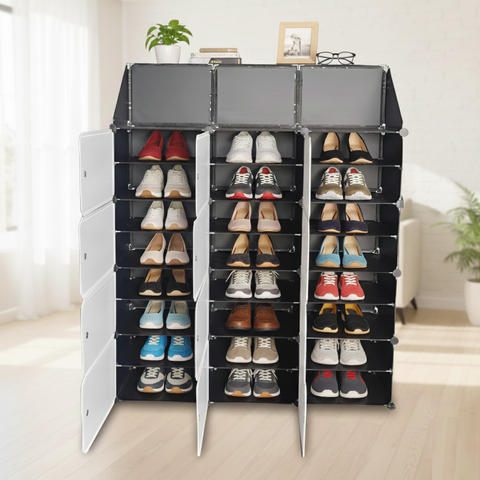 KRISHYAM® 12 Cube Modular Shoe Rack Cabinet with Doors & Side Hooks, Large Stackable Plastic Shoe Storage Organizer for Entryway, Bedroom & Closet, Space Saving (12 Door 24 Step (Black & White and simple White))