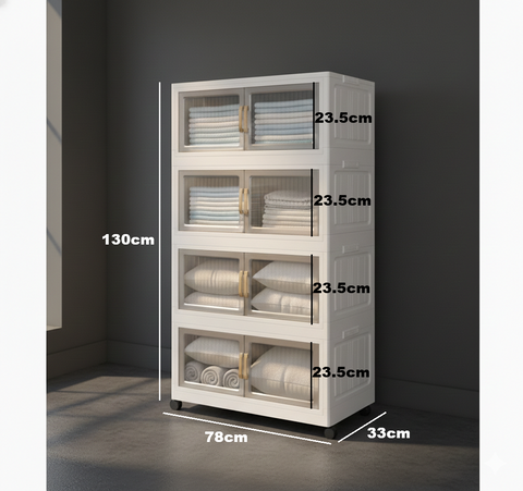 KRISHYAM® Modular Plastic Storage Cabinet with Translucent Doors & Wheels | Multi-Tier Clothes & Utility Organizer | Dustproof Freestanding Wardrobe (4 Layer - 4 Transparent Door (White)