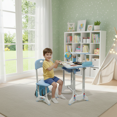 KriShyam ® Height Adjustable Kids Study Table & Chair Set with Book Stand Plastic Desk Chair (Finish Color - Blue & White (C25), DIY(Do-It-Yourself))