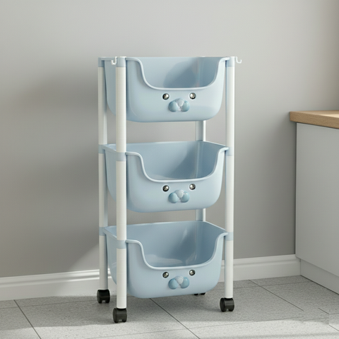 KRISHYAM® 3-Tier Multipurpose Storage Organizer with Wheels | Plastic Rolling Storage Rack for Kitchen, Bathroom, Kids Room & Utility | Space-Saving Storage Cart (3-Tier Kids Trolley (Blue)