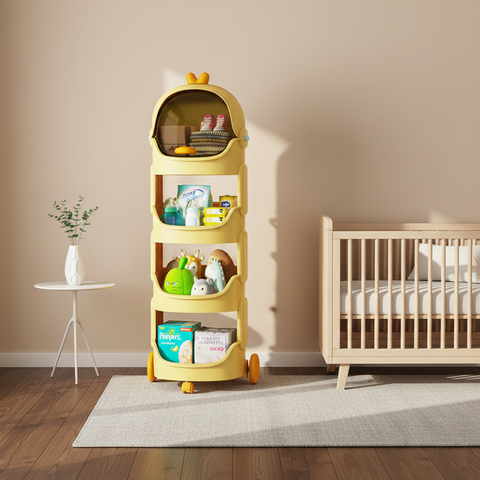 KRISHYAM® Space Astro Storage Organizer with Wheels | 4-Tier Kids Toy, Diaper & Baby Essentials Storage Cabinet | Space-Themed Plastic Organizer (4-Tier Kids Seace Astro (Yellow))