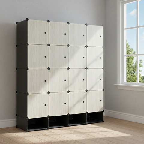 KRISHYAM® Modular 16-Cube Wardrobe Storage Cabinet with Doors, 2 Hanging Rod & 1 External Hanger Hook | DIY Plastic Closet Organizer with Metal Frame (16 Box Wardrobe + 4 Shoe Box (White))
