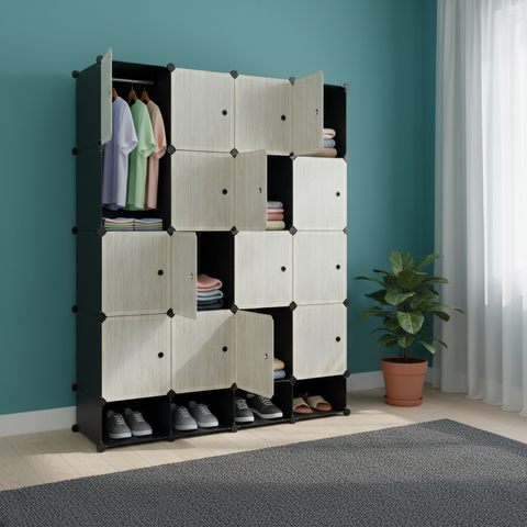 KRISHYAM® Modular 16-Cube Wardrobe Storage Cabinet with Doors, 2 Hanging Rod & 1 External Hanger Hook | DIY Plastic Closet Organizer with Metal Frame (16 Box Wardrobe + 4 Shoe Box (White))