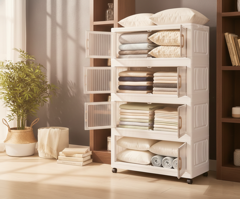 KRISHYAM® Modular Plastic Storage Cabinet with Translucent Doors & Wheels | Multi-Tier Clothes & Utility Organizer | Dustproof Freestanding Wardrobe (4 Layer - 4 Transparent Door (White)
