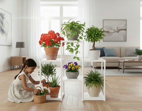 KRISHYAM® 6-Tier Plastic Flower Stand for Indoor & Outdoor | Multi-Layer Plant Display Rack for Pots | Rust-Free, Heavy-Duty Garden Organizer Shelf (BLACK & WHITE, 6 TIER)