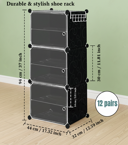 KRISHYAM® Plastic Shoe Rack for Home with Door | Modular Stackable Shoe Organizer | Waterproof & Dustproof Shoe Storage Rack for Bedroom, Entryway & Closet | 3 Door 6 Step (Black)