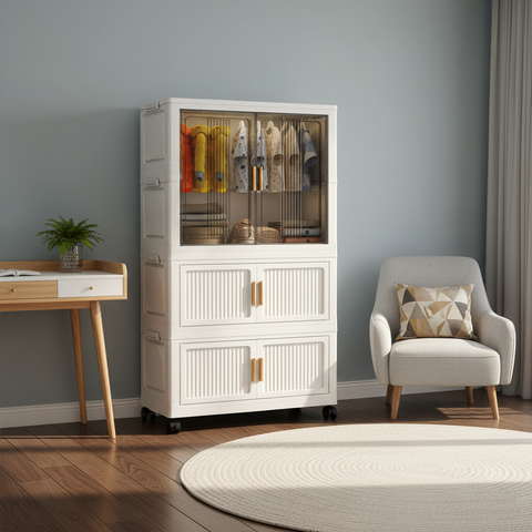 KRISHYAM® 2 Layer Plastic Wardrobe Cabinetwith Transparent Sliding Doors & Drawer Storage | Multi-Layer Clothes Organizer Cabinet with Wheels.