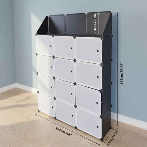 KRISHYAM® 12 Cube Modular Shoe Rack Cabinet with Doors & Side Hooks, Large Stackable Plastic Shoe Storage Organizer for Entryway, Bedroom & Closet, Space Saving (12 Door 24 Step (Black & White and simple White))
