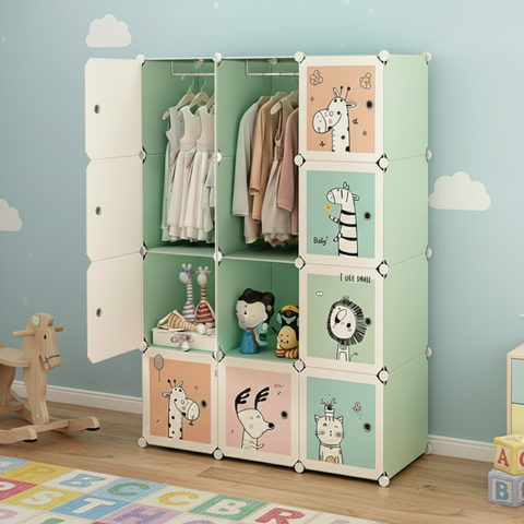 KRISHYAM® Kids Animal Print Collapsible Wardrobe |8/12-Cube Modular Storage Cabinet with 2 Hanging Rod & 1 External Hanger Hook | DIY Cupboard for Kids (8/12 Box Giraffe Print)