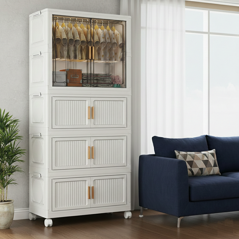 KRISHYAM® 2 Layer Plastic Wardrobe Cabinetwith Transparent Sliding Doors & Drawer Storage | Multi-Layer Clothes Organizer Cabinet with Wheels.