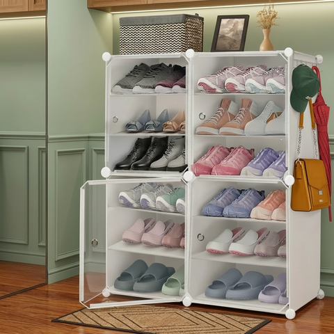 KRISHYAM® 12 Step Modular Shoe Rack Cabinet with Doors & Side Hooks, Stackable Plastic Shoe Organizer Storage Cabinet for Entryway, Bedroom & Closet, Dustproof (4 Door 12 Step (Black))