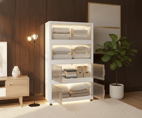 KRISHYAM® Modular Plastic Storage Cabinet with Translucent Doors & Wheels | Multi-Tier Clothes & Utility Organizer | Dustproof Freestanding Wardrobe (4 Layer - 4 Transparent Door (White)