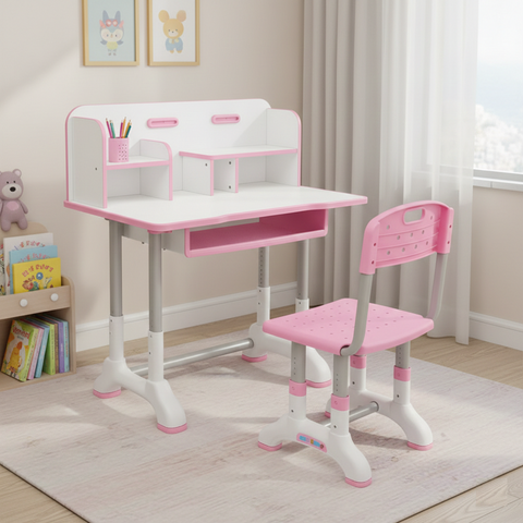 KRISHYAM® Kids Adjustable Study Table & Chair Set with Storage Drawer & Bookshelf | Height Adjustable Student Study Desk for Boys & Girls | Ergonomic Design (Pink & White (C23))