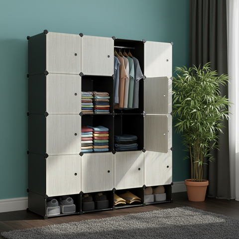 KRISHYAM® Modular 16-Cube Wardrobe Storage Cabinet with Doors, 2 Hanging Rod & 1 External Hanger Hook | DIY Plastic Closet Organizer with Metal Frame (16 Box Wardrobe + 4 Shoe Box (White))
