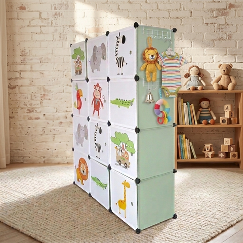 KRISHYAM® Kids Jungle Animal Print Collapsible Wardrobe with 2 Hanging Rod &1 External Hanger Hook | 8/12-Cube Modular Plastic Storage Cabinet | DIY Foldable Clothes Organizer (8/12 Box Lion Print)