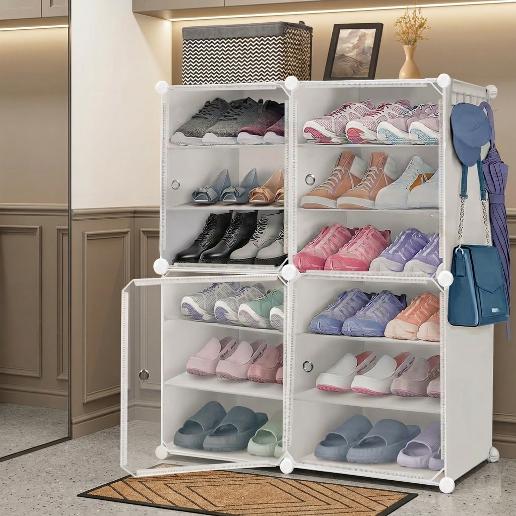 KRISHYAM® 12 Step Modular Shoe Rack Cabinet with Doors & Side Hooks, Stackable Plastic Shoe Organizer Storage Cabinet for Entryway, Bedroom & Closet, Dustproof (4 Door 12 Step (Black))