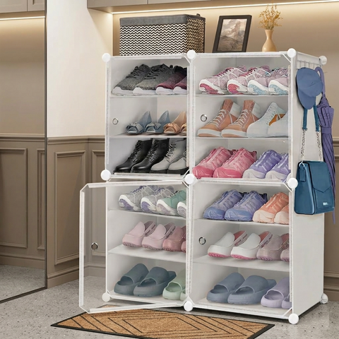 KRISHYAM® 12 Step Modular Shoe Rack Cabinet with Doors & Side Hooks, Stackable Plastic Shoe Organizer Storage Cabinet for Entryway, Bedroom & Closet, Dustproof (4 Door 12 Step (Black))