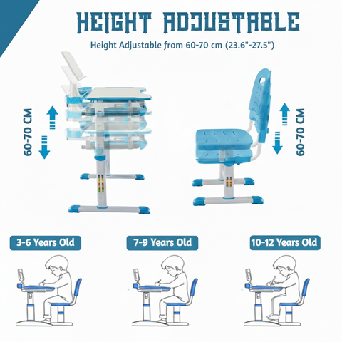 KRISHYAM® Kids Adjustable Study Table & Chair Set with Storage Drawer & Bookshelf | Height Adjustable Student Study Desk for Boys & Girls | Ergonomic Design (Blue & White (C23))