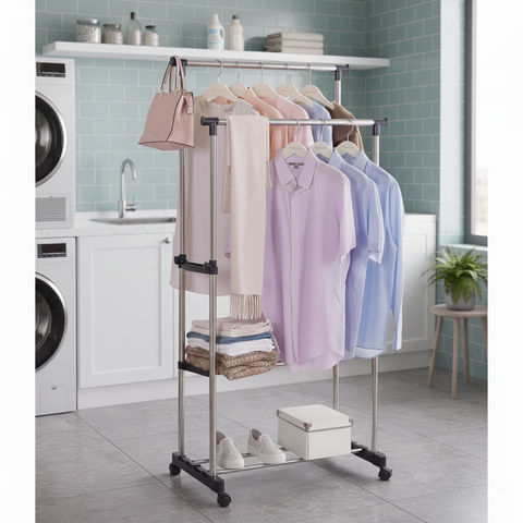 KriShyam® Stainless Steel Aluminum Floor Cloth Dryer Stand Double-Pole, Adjustable & Portable Clothes Hanger/Laundry Rack Hanger/Shoe Rack Garment Drying Rack With Rolling Wheels (1 Tier)