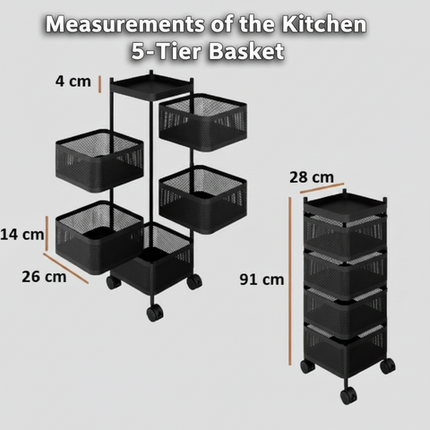 KRISHYAM® 6-Tier Metal Rolling Kitchen Storage Trolley with Mesh Baskets & Wheels | Multipurpose Vegetable, Fruit & Pantry Organizer Cart | Heavy-Duty Steel | Black (6-Tier Square)