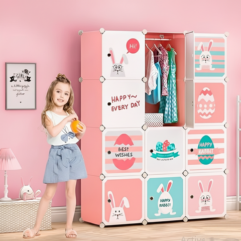 KRISHYAM® Kids Cartoon Collapsible Wardrobe with 2 Hanging Rod & 1 External Hanger Hook | 8/12-Cube Modular Storage Cabinet | Foldable Plastic Cupboard for Clothes, Toys & Books (8/12 Box Rabbit Print)