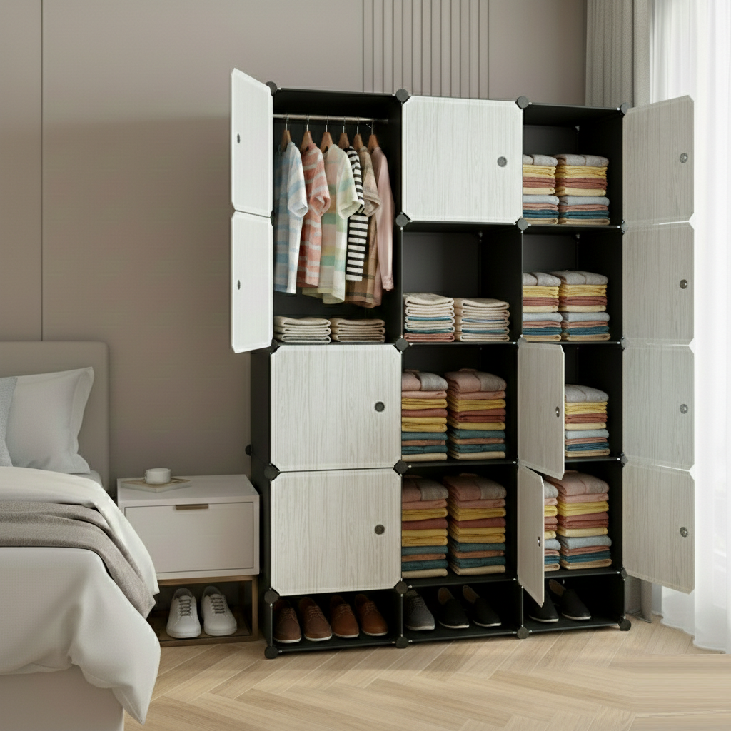 KRISHYAM® Modular 12-Cube Wardrobe Storage Cabinet with Doors, 1 Hanging Rod & 1 External Hanger Hook | DIY Plastic Closet Organizer with Metal Frame (12 Box Wardrobe + 3 Shoe Box (White))