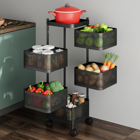 KRISHYAM® 6-Tier Metal Rolling Kitchen Storage Trolley with Mesh Baskets & Wheels | Multipurpose Vegetable, Fruit & Pantry Organizer Cart | Heavy-Duty Steel | Black (6-Tier Square)