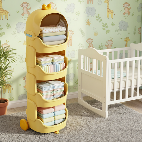 KRISHYAM® Space Astro Storage Organizer with Wheels | 4-Tier Kids Toy, Diaper & Baby Essentials Storage Cabinet | Space-Themed Plastic Organizer (4-Tier Kids Seace Astro (Yellow))