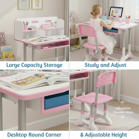KRISHYAM® Kids Adjustable Study Table & Chair Set with Storage Drawer & Bookshelf | Height Adjustable Student Study Desk for Boys & Girls | Ergonomic Design (Pink & White (C23))