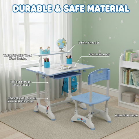 KriShyam ® Height Adjustable Kids Study Table & Chair Set with Book Stand Plastic Desk Chair (Finish Color - Blue & White (C25), DIY(Do-It-Yourself))