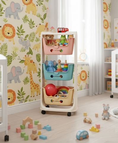KRISHYAM® Multi-Layer Toy Storage Organizer Rack with Wheels | Kids Toy Shelf with Removable Bins for Toys, Books & Stationery (3-Tier Kids Basket (Matte Finish))