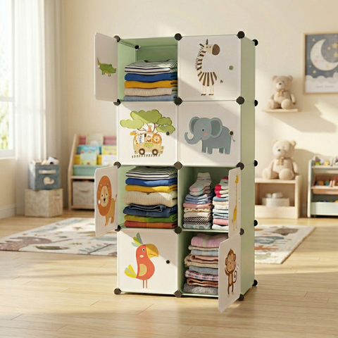 KRISHYAM® Kids Jungle Animal Print Collapsible Wardrobe with 2 Hanging Rod &1 External Hanger Hook | 8/12-Cube Modular Plastic Storage Cabinet | DIY Foldable Clothes Organizer (8/12 Box Lion Print)