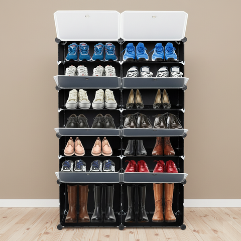 KRISHYAM® 16 Step Modular Shoe Rack Cabinet with Flip Doors & Side Hooks, Stackable Plastic Shoe Storage Organizer for Entryway, Bedroom & Closet, Space Saving Multi Layer (8 Door 16 Step (Black))