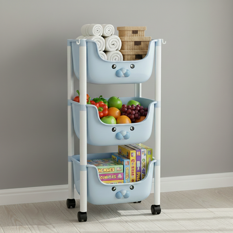 KRISHYAM® 3-Tier Multipurpose Storage Organizer with Wheels | Plastic Rolling Storage Rack for Kitchen, Bathroom, Kids Room & Utility | Space-Saving Storage Cart (3-Tier Kids Trolley (Blue)
