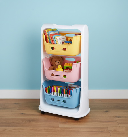 KRISHYAM® 3-Tier Kids Toy Storage Organizer Rack with Wheels | Dual-Tone Plastic Toy Shelf with Removable Bins for Toys, Books & Stationery (3-Tier Kids Basket (Glossy Finish)