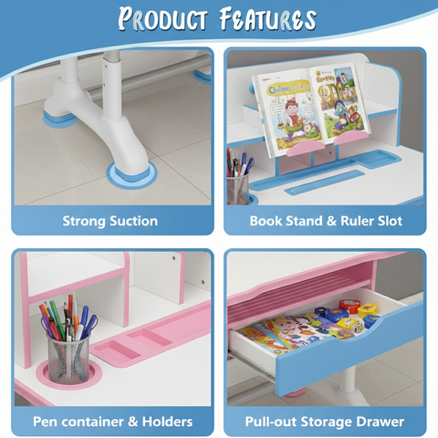 KRISHYAM® Kids Adjustable Study Table & Chair Set with Storage Drawer & Bookshelf | Height Adjustable Student Study Desk for Boys & Girls | Ergonomic Design (Blue & White (C23))