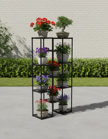 KRISHYAM® 11-Tier Plastic Flower Stand for Indoor & Outdoor | Multi-Layer Plant Display Rack for Pots | Rust-Free, Heavy-Duty Garden Organizer Shelf (BLACK, 11 TIER)