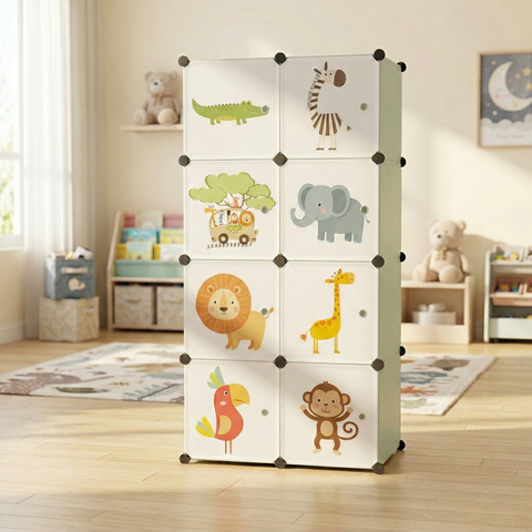 KRISHYAM® Kids Jungle Animal Print Collapsible Wardrobe with 2 Hanging Rod &1 External Hanger Hook | 8/12-Cube Modular Plastic Storage Cabinet | DIY Foldable Clothes Organizer (8/12 Box Lion Print)