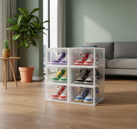 KRISHYAM® Clear Stackable Shoe Storage Boxes with Transparent Front Door & Aromatherapy Floral Fragrance | Front-Open Foldable Shoe Organizer (BLACK, White,PACK OF 6)