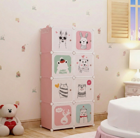 KRISHYAM® Kids Modular Wardrobe with Cartoon Animal Prints – 8/12 Cube Storage Organizer Cabinet with Doors | DIY Portable Space Saving Cupboard for Bedroom & Nursery (8/12 Box Bear Print)