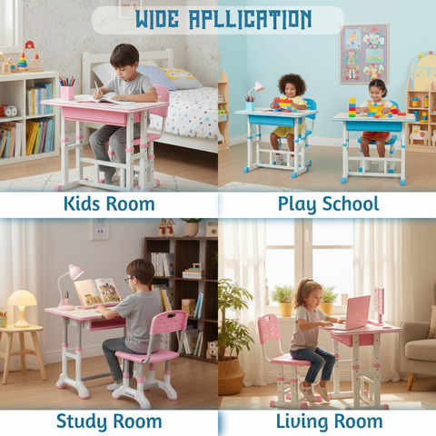 KRISHYAM® Kids Adjustable Study Table & Chair Set with Storage Drawer & Bookshelf | Height Adjustable Student Study Desk for Boys & Girls | Ergonomic Design (Pink & White (C23))