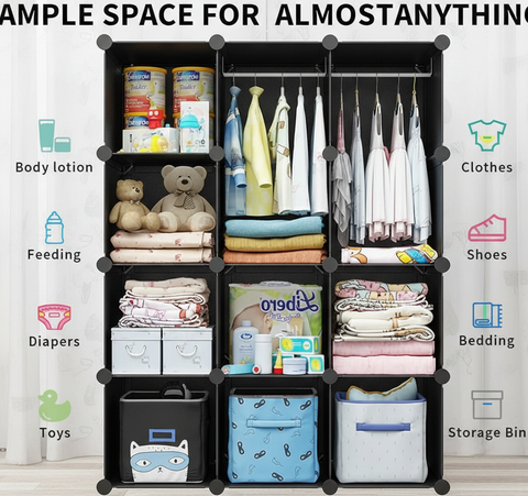 KRISHYAM® Modular 16-Cube Wardrobe Storage Cabinet with Doors, 2 Hanging Rod & 1 External Hanger Hook | DIY Plastic Closet Organizer with Metal Frame (16 Box Wardrobe + 4 Shoe Box (White))