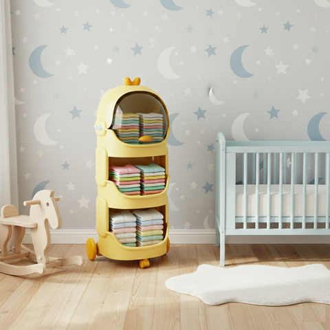 KRISHYAM® Space Astro Storage Organizer with Wheels | 3-Tier Kids Toy, Diaper & Baby Essentials Storage Cabinet | Space-Themed Plastic Organizer (3-Tier Kids Seace Astro (Yellow)