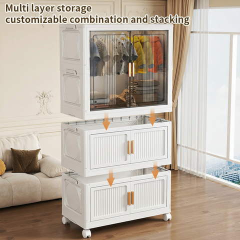 KRISHYAM® 2 Layer Plastic Wardrobe Cabinetwith Transparent Sliding Doors & Drawer Storage | Multi-Layer Clothes Organizer Cabinet with Wheels.
